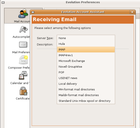 Email setup screen with POP server selected.