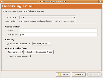 Email POP server details in Evolution setup.