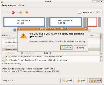 Ubuntu Linux installation - confirm the
creation of the Linux partitions of this installation of Ubuntu