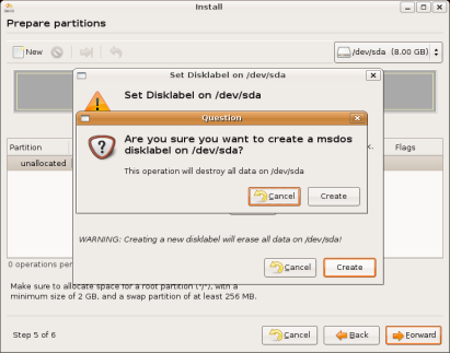 Ubuntu Linux installation - confirmation for creating a disk label