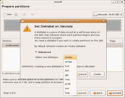 Ubuntu Linux installation - creating a disk label - dropdown menu