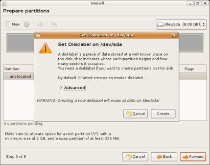 Ubuntu Linux installation - Creating a
disk label