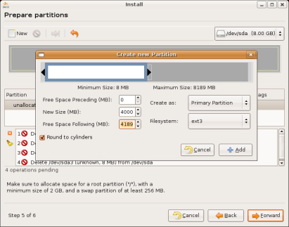 Ubuntu Linux installation - final size
of first new Ubuntu partition