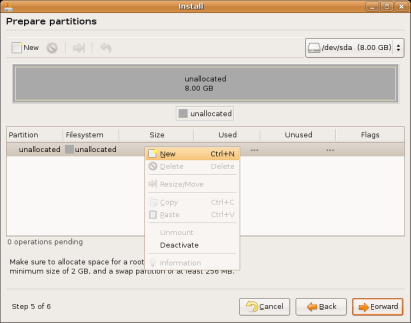 Ubuntu Linux installation - selecting
NEW again to create the first Ubuntu partition