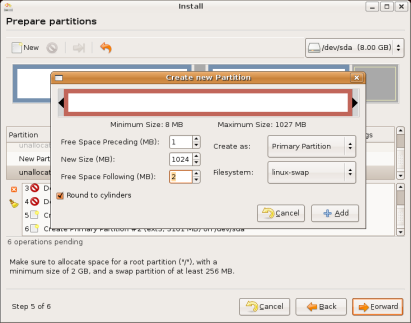 Ubuntu Linux installation - size of
third Ubuntu partition for Linux swap space