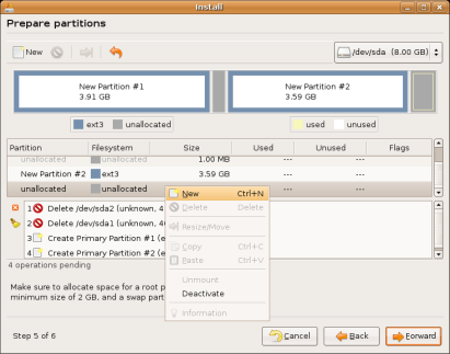 Ubuntu Linux installation - selecting
NEW to create third partition for Ubuntu Linux