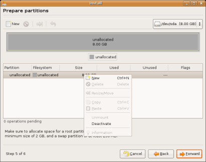 Ubuntu Linux installation - selecting NEW to create a new partition