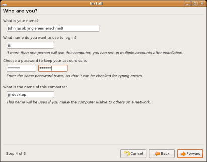 Ubuntu Linux installation - Enter your personal information