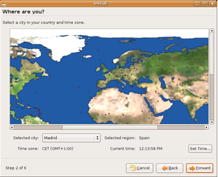 Ubuntu Linux installation - timezone map zoomed with Madrid chosen