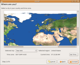 Ubuntu Linux installation - timezone map zoomed into Europe